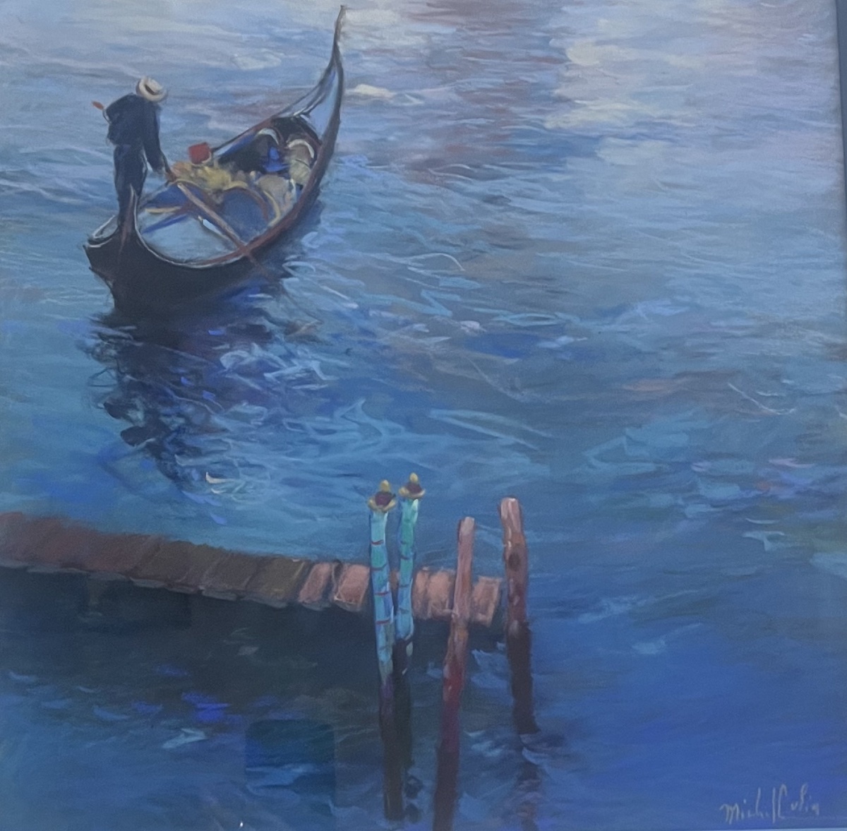 Tableau Italie Italia Venise gondole pastel signé Michel Colin 