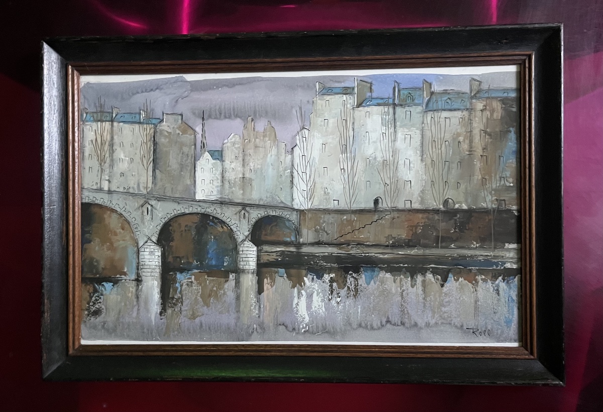 Tableau  vue pont de Paris aquarelle et gouache signée Jean Roll-photo-3