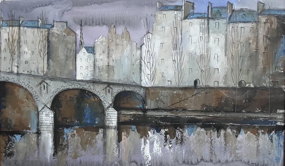 Tableau  vue pont de Paris aquarelle et gouache signée Jean Roll-photo-4