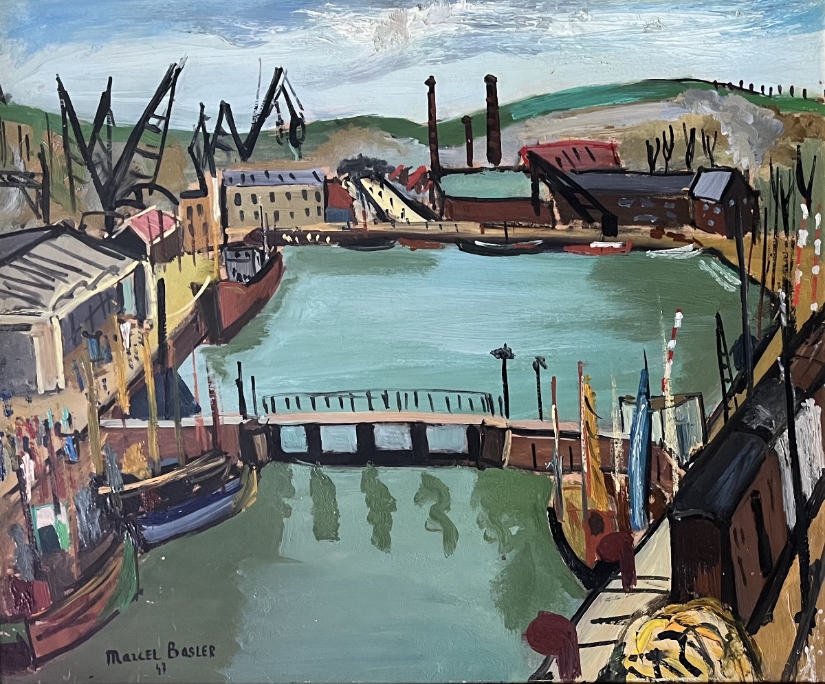 Tableau marine port de Dieppe peinture signée et datée Marcel Basler 1947-photo-2