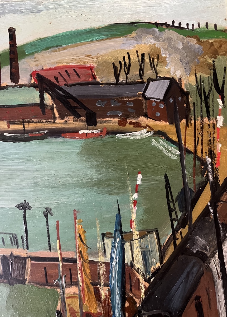 Tableau marine port de Dieppe peinture signée et datée Marcel Basler 1947-photo-3