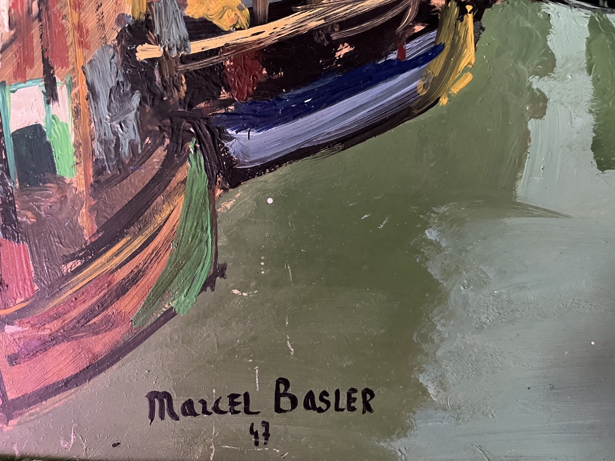 Tableau marine port de Dieppe peinture signée et datée Marcel Basler 1947-photo-4
