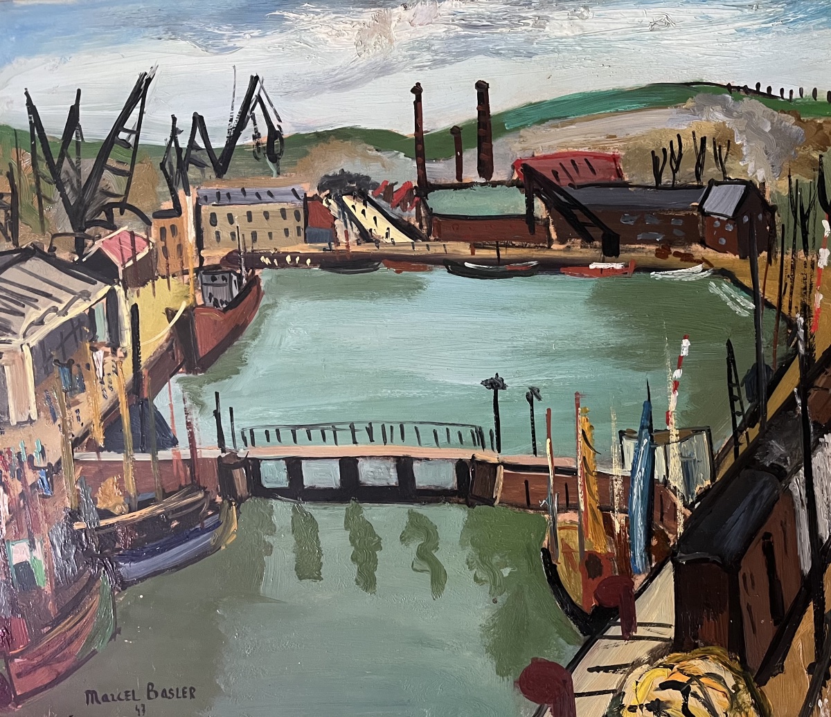 Tableau marine port de Dieppe peinture signée et datée Marcel Basler 1947-photo-1