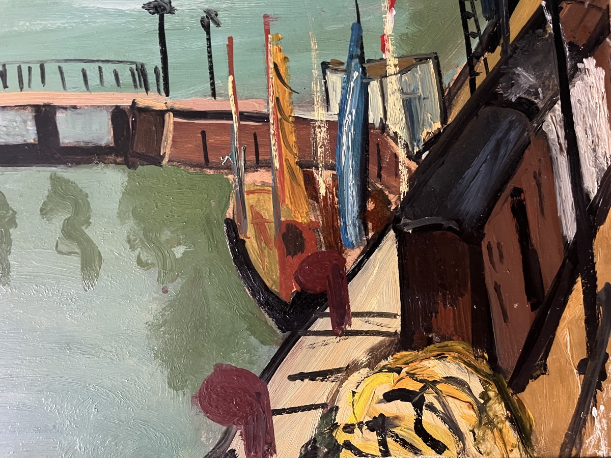 Tableau marine port de Dieppe peinture signée et datée Marcel Basler 1947-photo-2