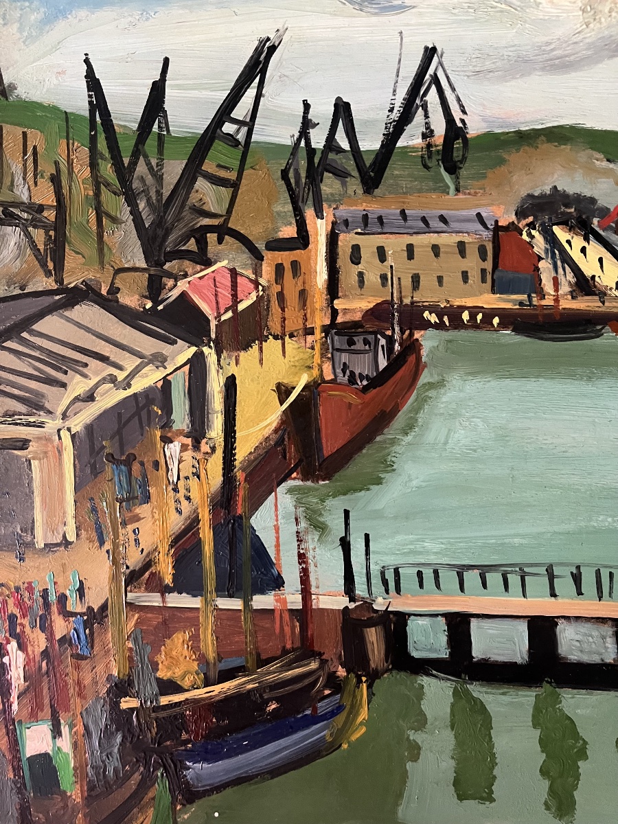 Tableau marine port de Dieppe peinture signée et datée Marcel Basler 1947-photo-3