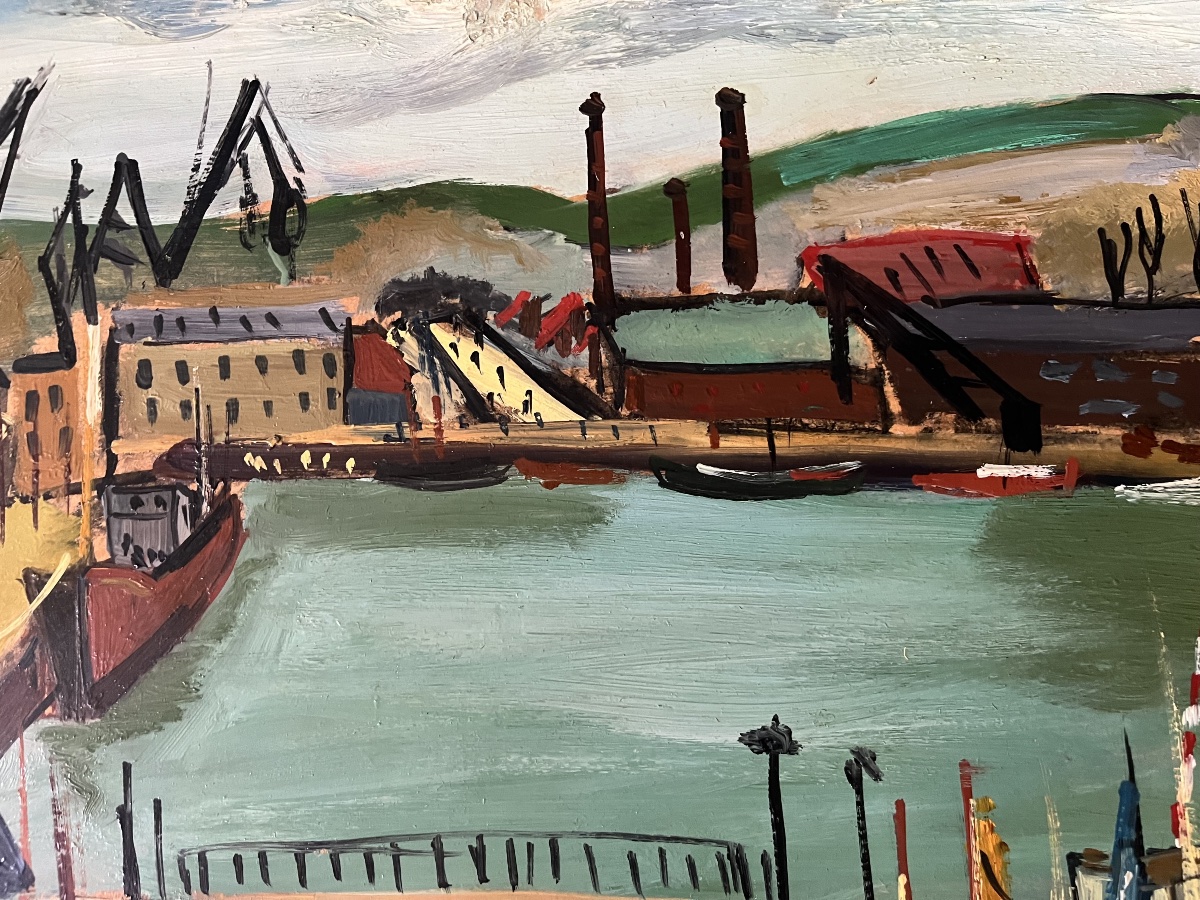 Tableau marine port de Dieppe peinture signée et datée Marcel Basler 1947-photo-4