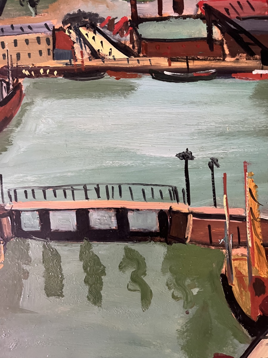 Tableau marine port de Dieppe peinture signée et datée Marcel Basler 1947-photo-5