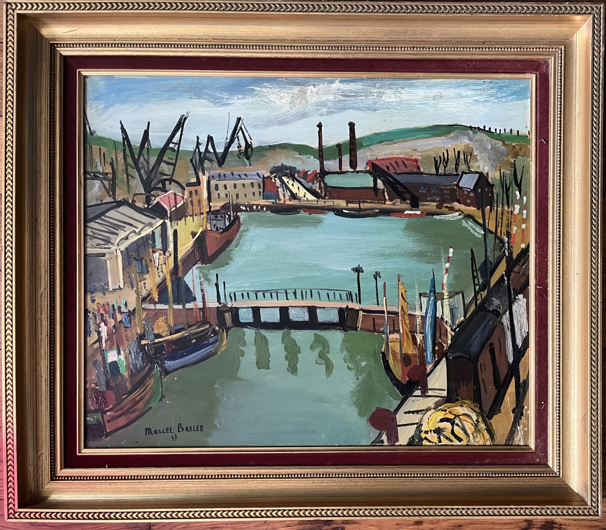Tableau marine port de Dieppe peinture signée et datée Marcel Basler 1947