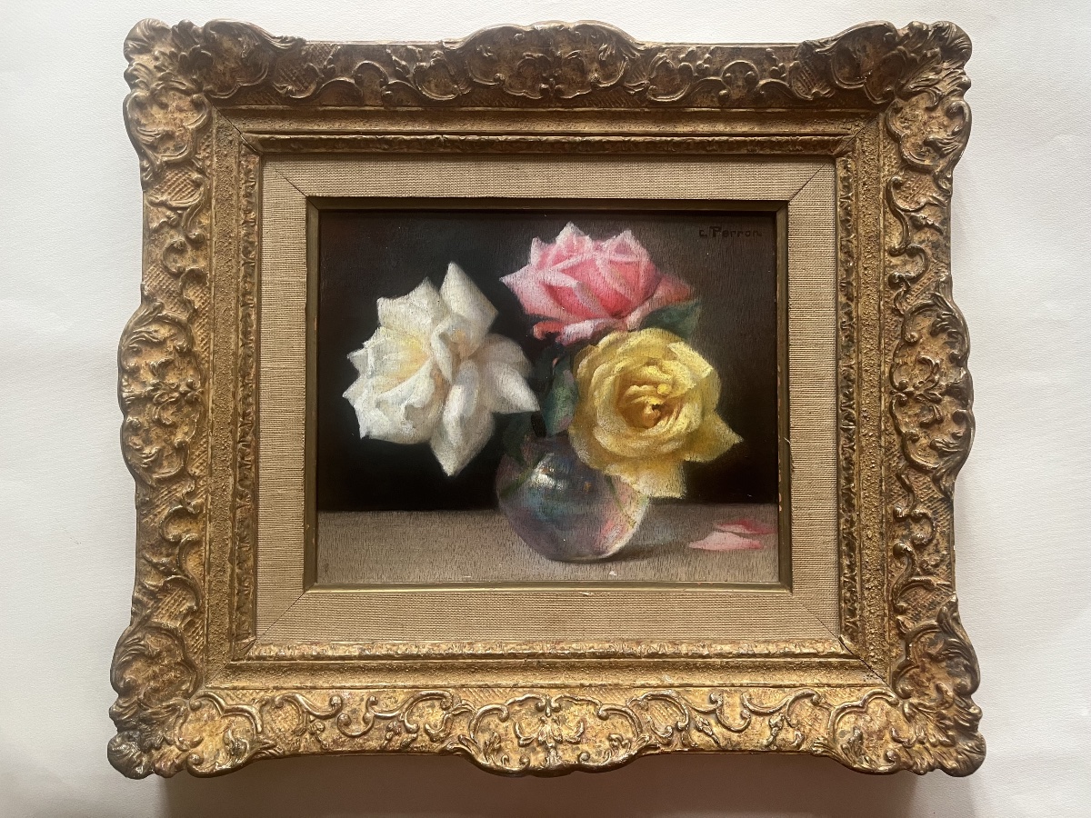 Tableau fleurs bouquet de roses peinture signée Charles Perron 1893-1958
