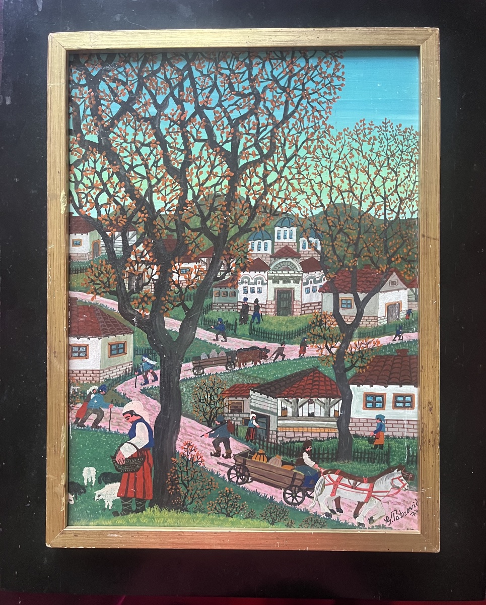 Tableau naif &eacute;cole yougoslave Serbie  paysage de campagne sign&eacute; Ljuba Petrovic -photo-2