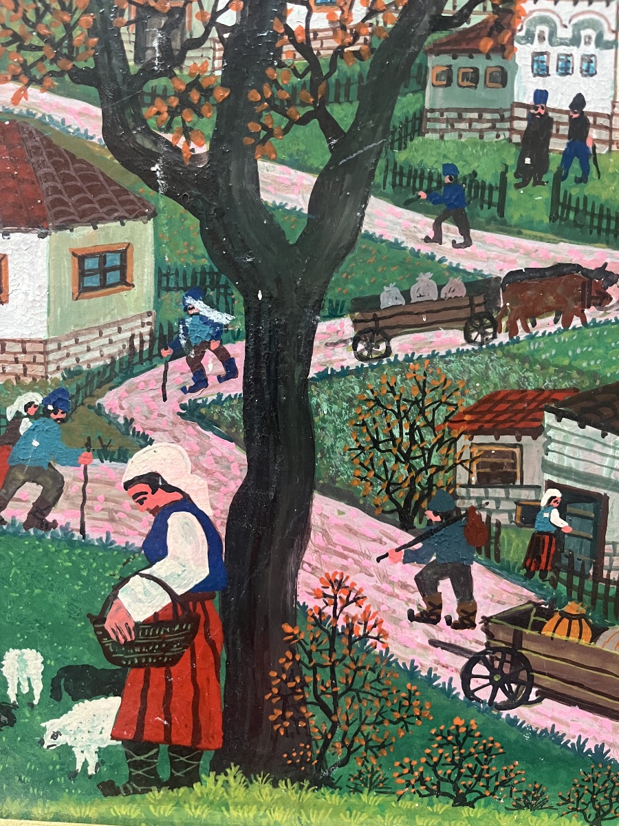 Tableau naif &eacute;cole yougoslave Serbie  paysage de campagne sign&eacute; Ljuba Petrovic -photo-3