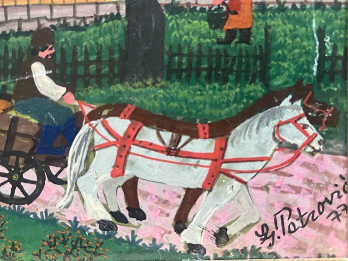 Tableau naif &eacute;cole yougoslave Serbie  paysage de campagne sign&eacute; Ljuba Petrovic -photo-4