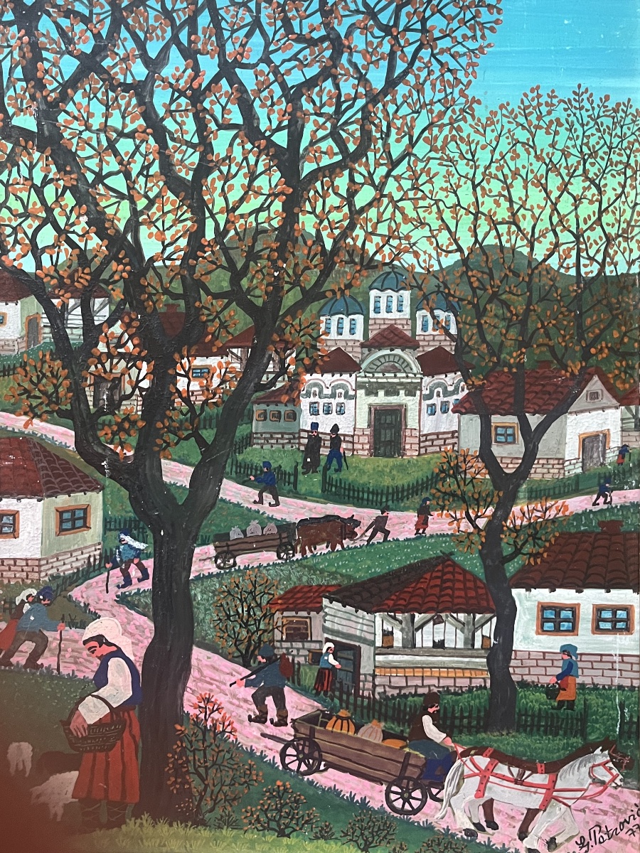 Tableau naif &eacute;cole yougoslave Serbie  paysage de campagne sign&eacute; Ljuba Petrovic -photo-1