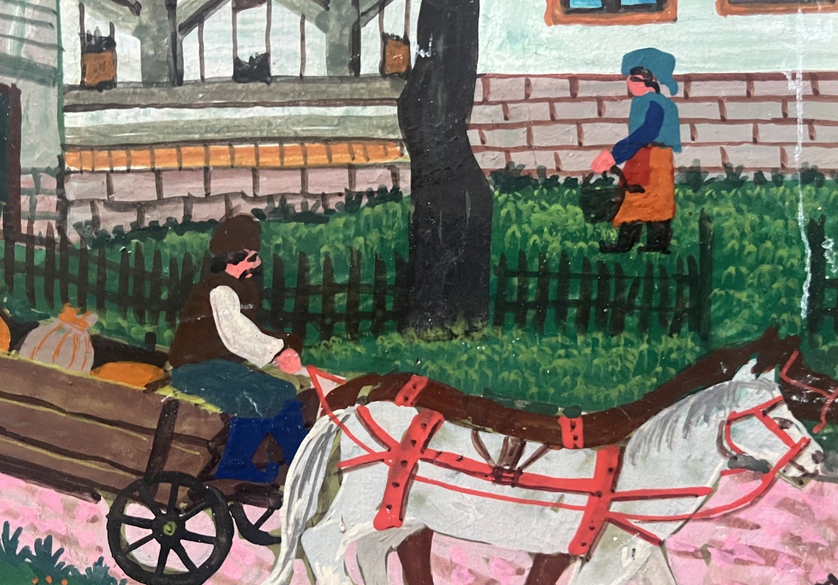 Tableau naif &eacute;cole yougoslave Serbie  paysage de campagne sign&eacute; Ljuba Petrovic -photo-2