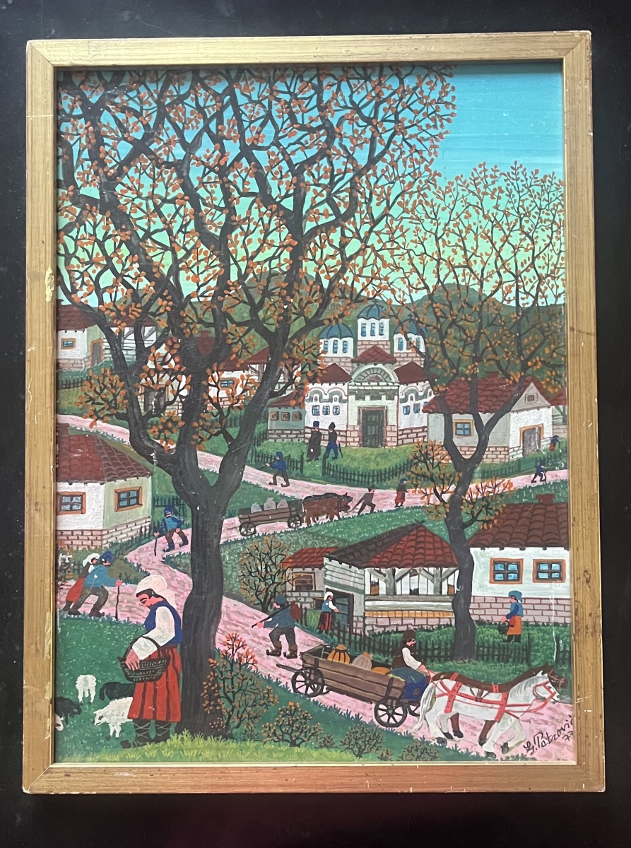 Tableau naif &eacute;cole yougoslave Serbie  paysage de campagne sign&eacute; Ljuba Petrovic -photo-5