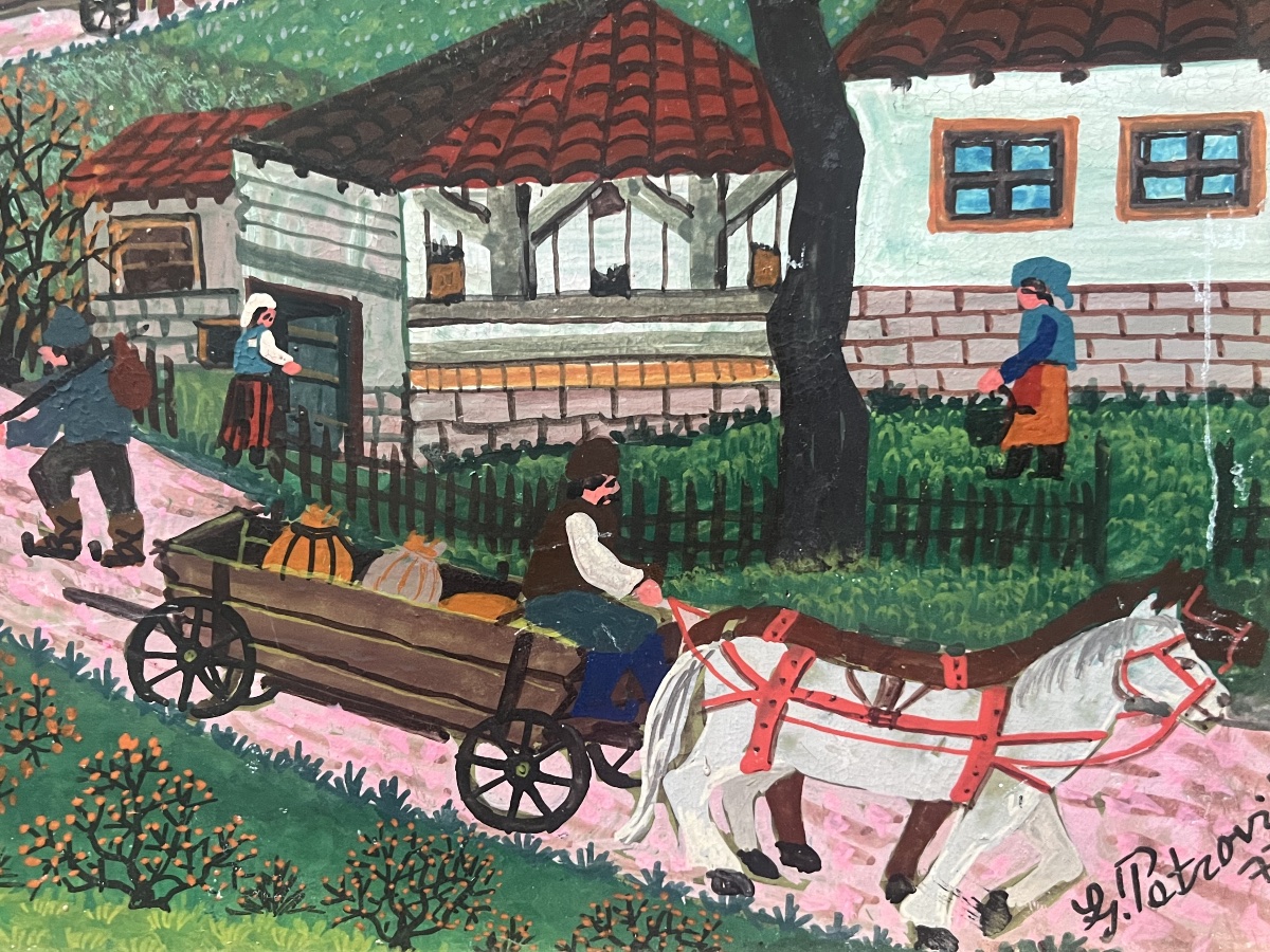 Tableau naif &eacute;cole yougoslave Serbie  paysage de campagne sign&eacute; Ljuba Petrovic -photo-8