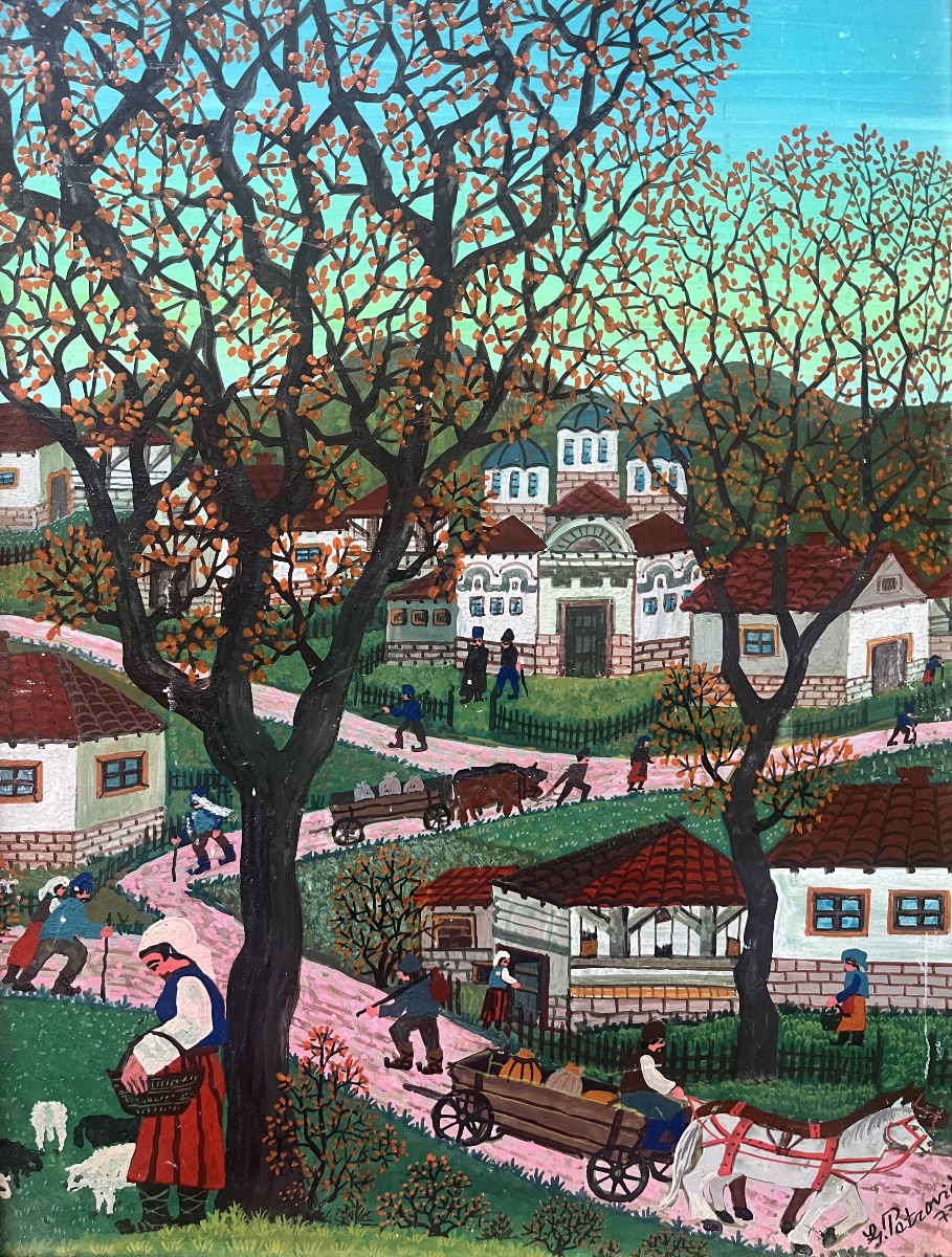 Tableau naif &eacute;cole yougoslave Serbie  paysage de campagne sign&eacute; Ljuba Petrovic 