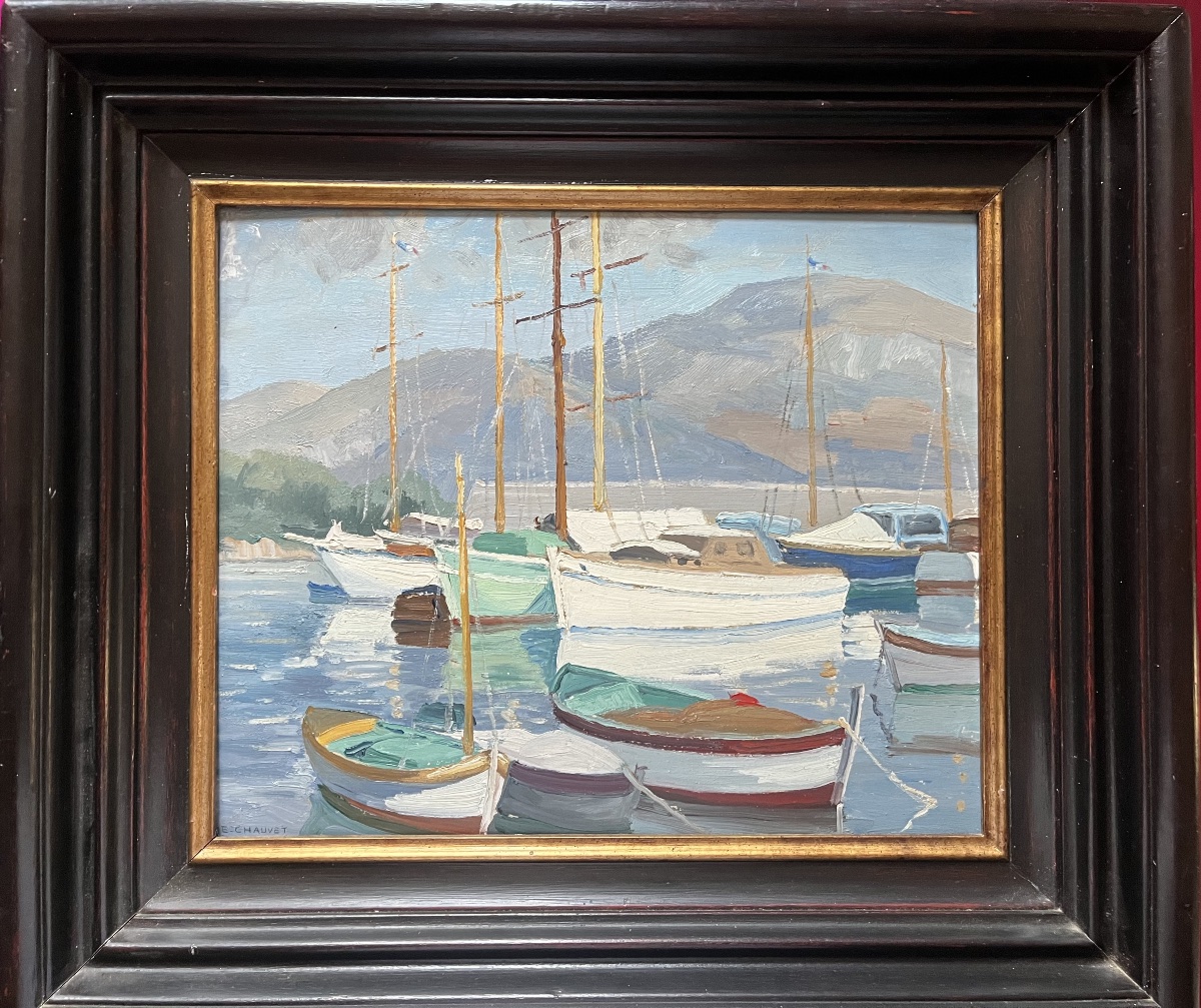 Tableau marine bateaux au port peinture signée Edmond Chauvet 1903-1968-photo-3