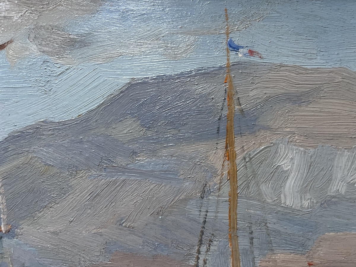 Tableau marine bateaux au port peinture signée Edmond Chauvet 1903-1968-photo-1