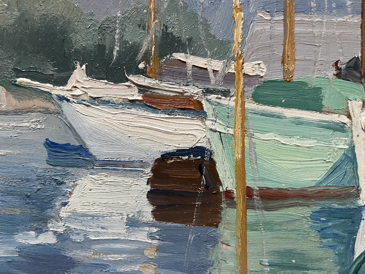 Tableau marine bateaux au port peinture signée Edmond Chauvet 1903-1968-photo-3