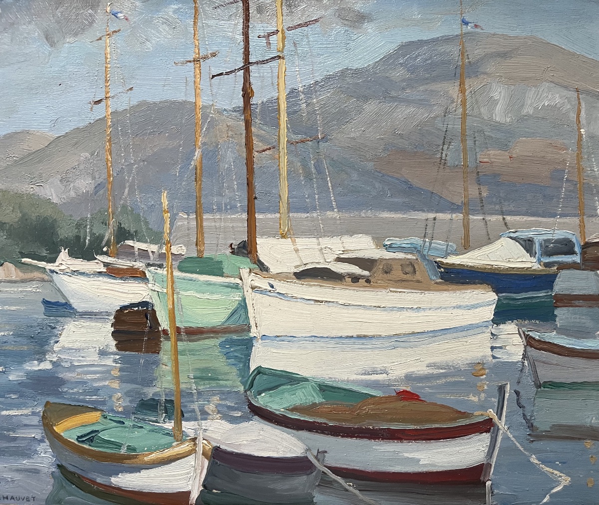 Tableau marine bateaux au port peinture signée Edmond Chauvet 1903-1968