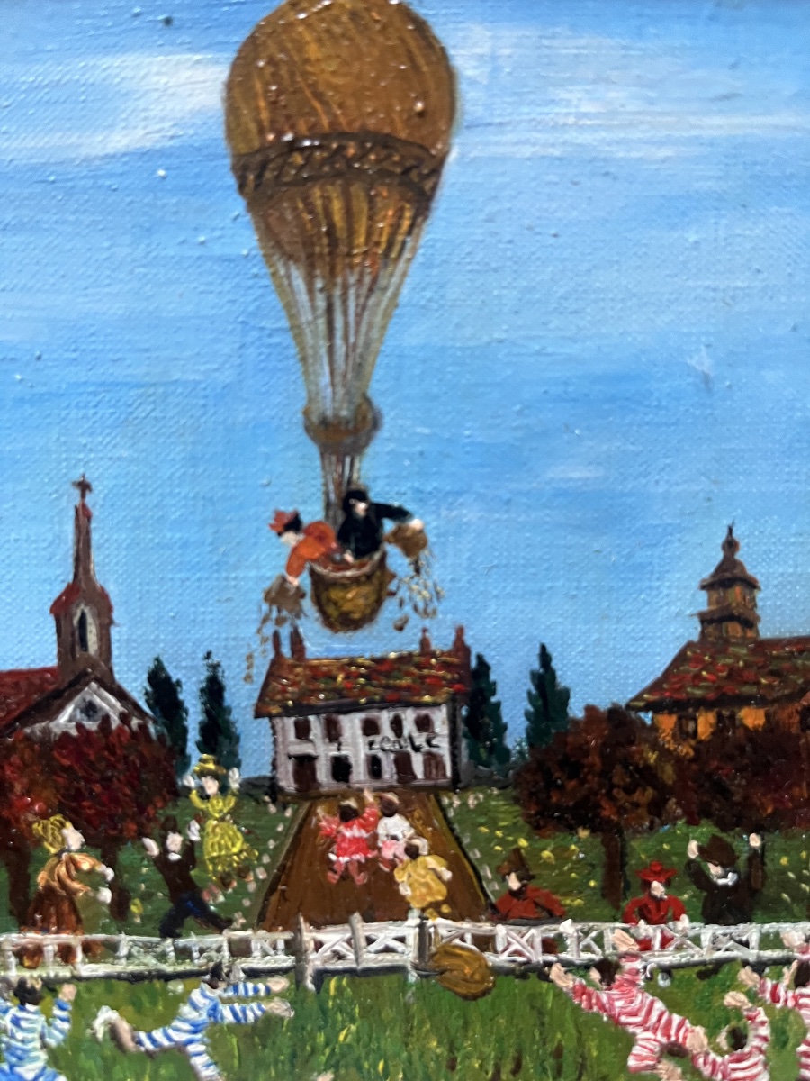 Tableau école naïve française l’envol de la montgolfière peinture signée Grand’Mère Paris-photo-2