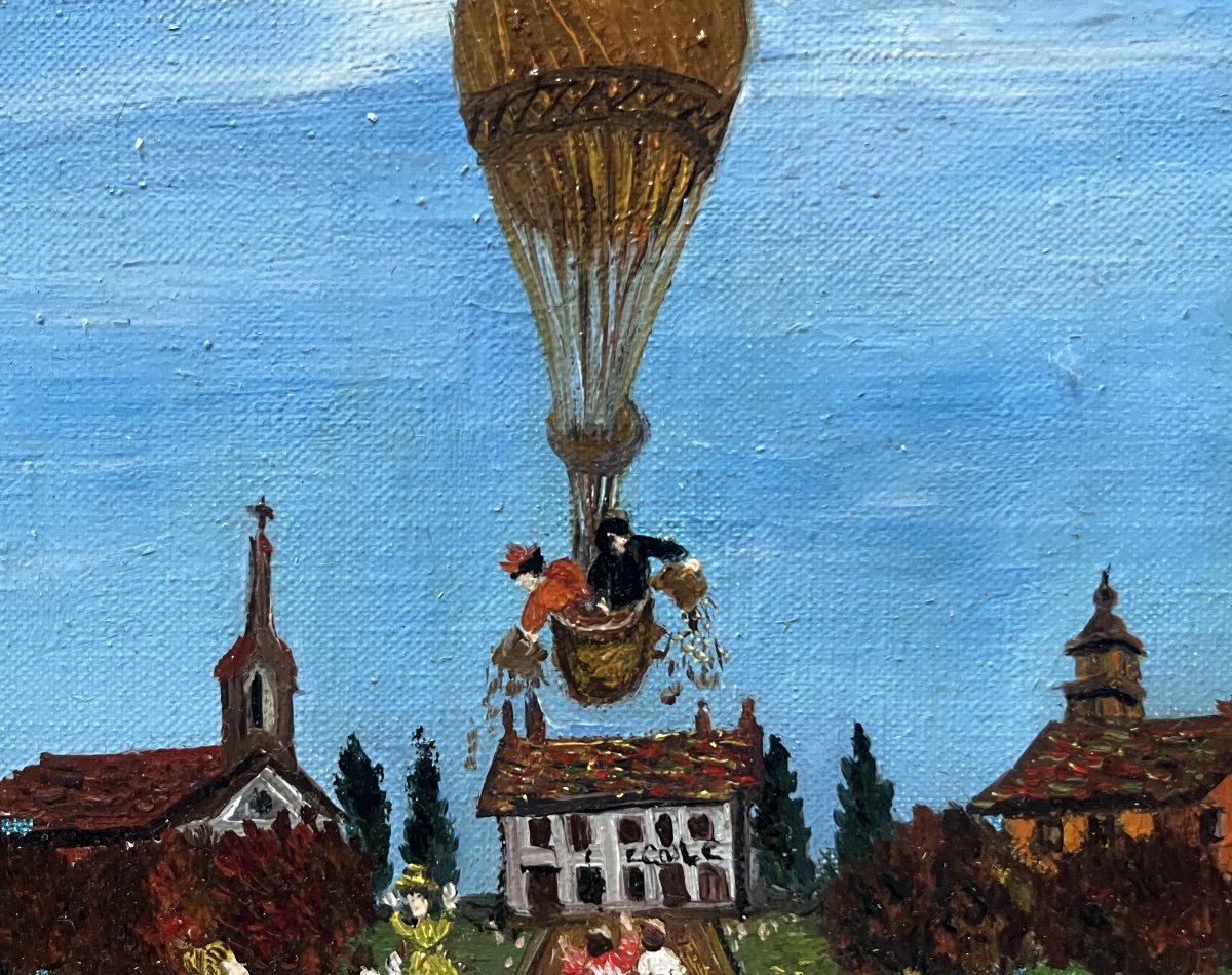 Tableau école naïve française l’envol de la montgolfière peinture signée Grand’Mère Paris-photo-3