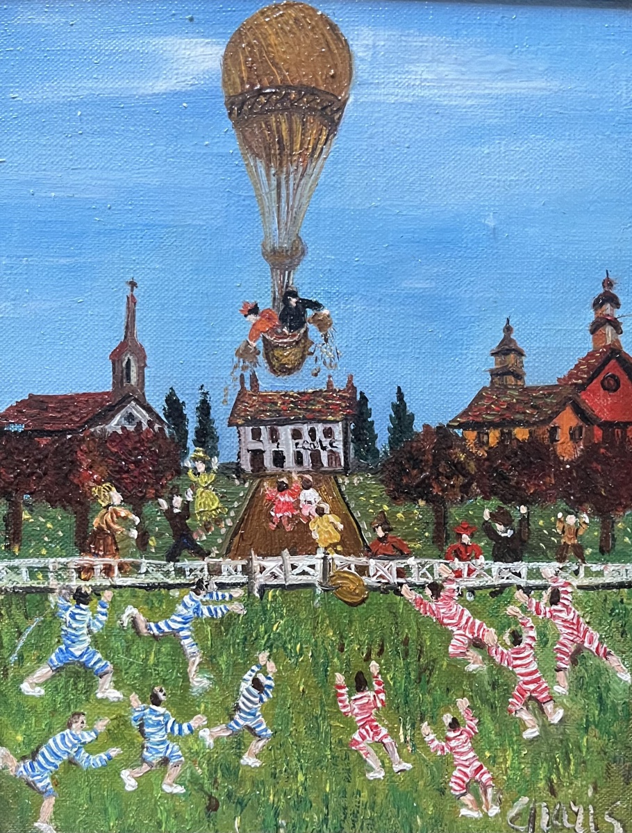 Tableau école naïve française l’envol de la montgolfière peinture signée Grand’Mère Paris-photo-4