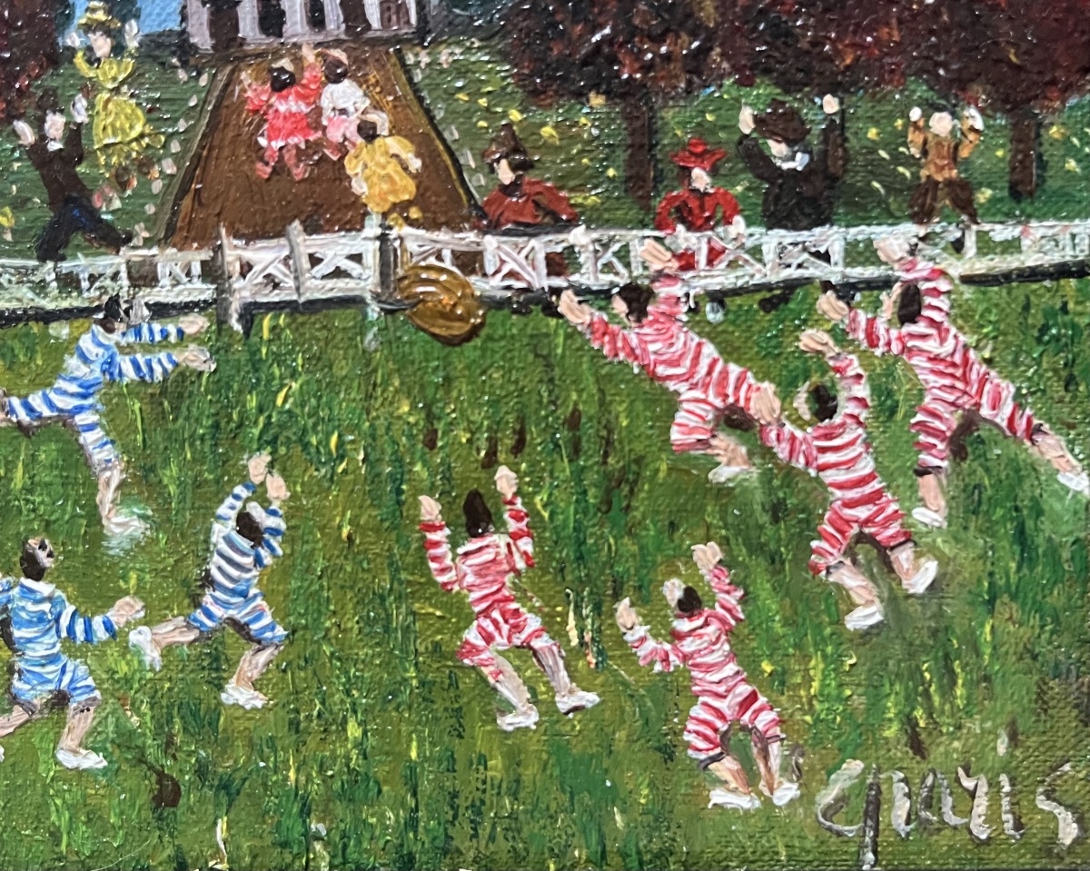 Tableau école naïve française l’envol de la montgolfière peinture signée Grand’Mère Paris-photo-3