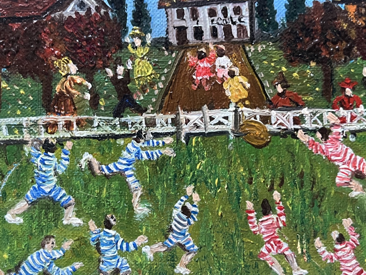 Tableau école naïve française l’envol de la montgolfière peinture signée Grand’Mère Paris-photo-1
