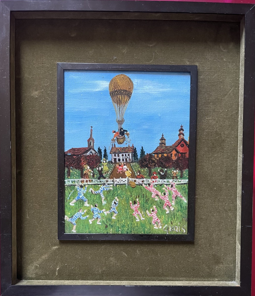 Tableau école naïve française l’envol de la montgolfière peinture signée Grand’Mère Paris