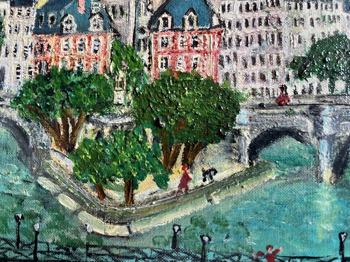 Tableau naif Paris le pont neuf notre dame peinture signée Grand’Mère Paris -photo-2