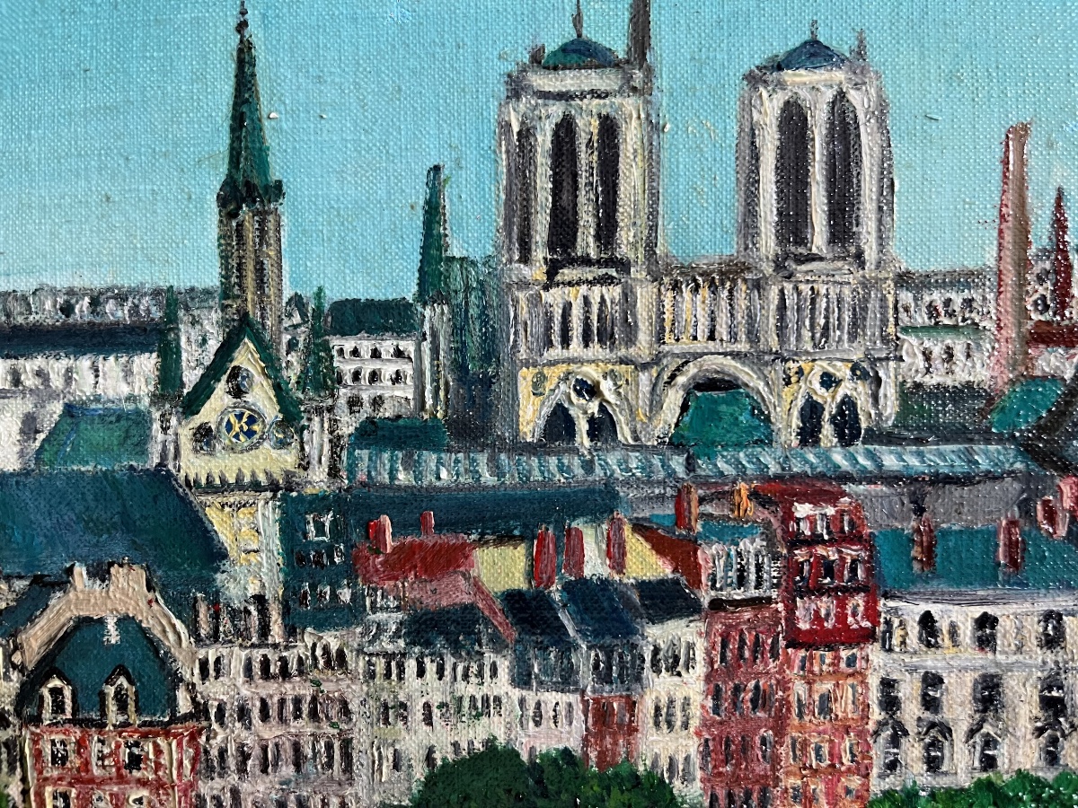 Tableau naif Paris le pont neuf notre dame peinture signée Grand’Mère Paris -photo-3
