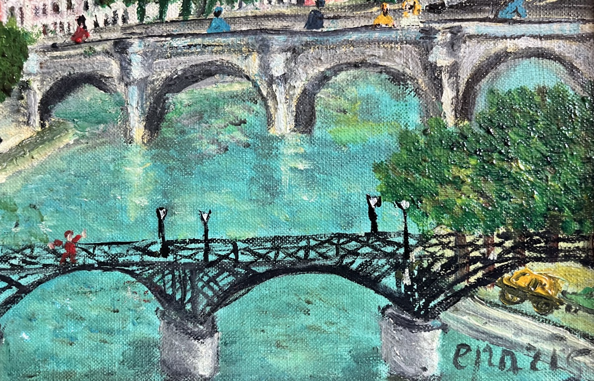 Tableau naif Paris le pont neuf notre dame peinture signée Grand’Mère Paris -photo-4