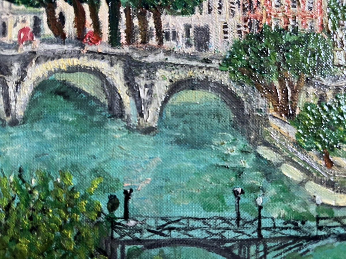 Tableau naif Paris le pont neuf notre dame peinture signée Grand’Mère Paris -photo-2