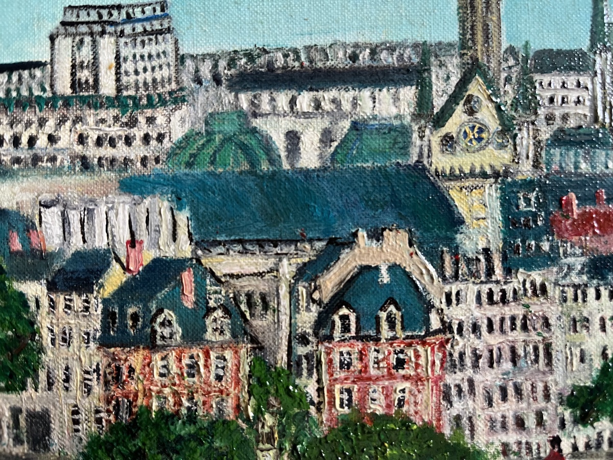 Tableau naif Paris le pont neuf notre dame peinture signée Grand’Mère Paris -photo-3