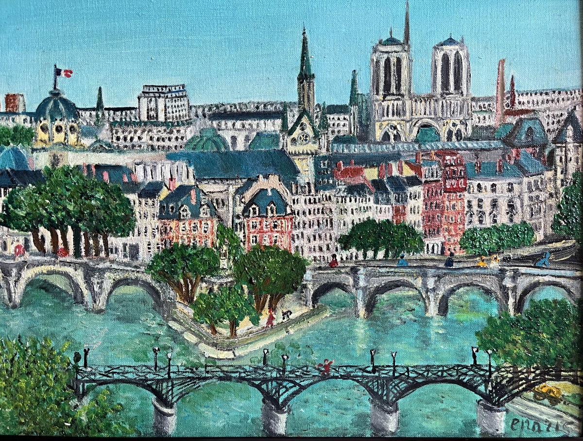 Tableau naif Paris le pont neuf notre dame peinture signée Grand’Mère Paris -photo-4