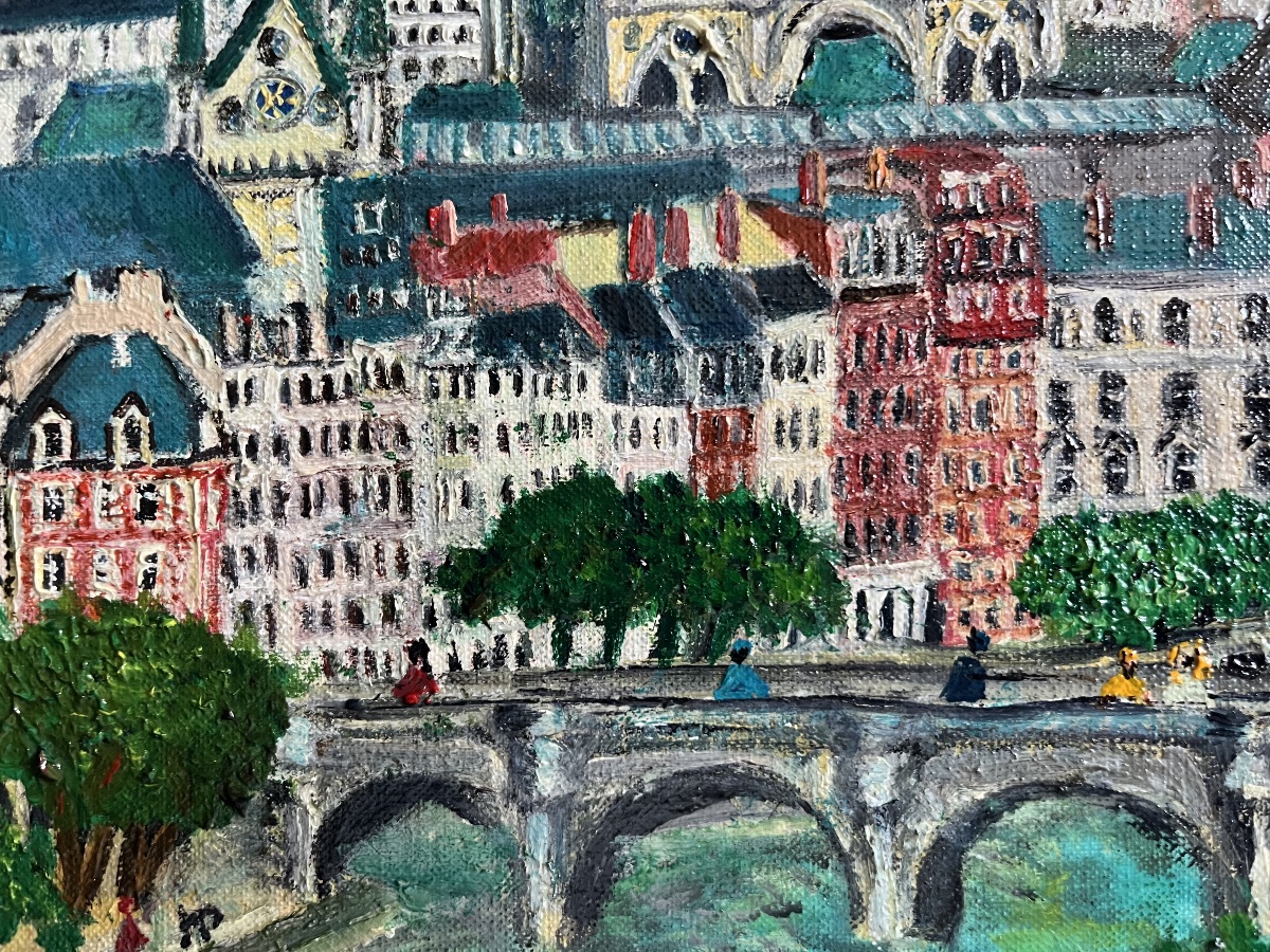 Tableau naif Paris le pont neuf notre dame peinture signée Grand’Mère Paris -photo-5