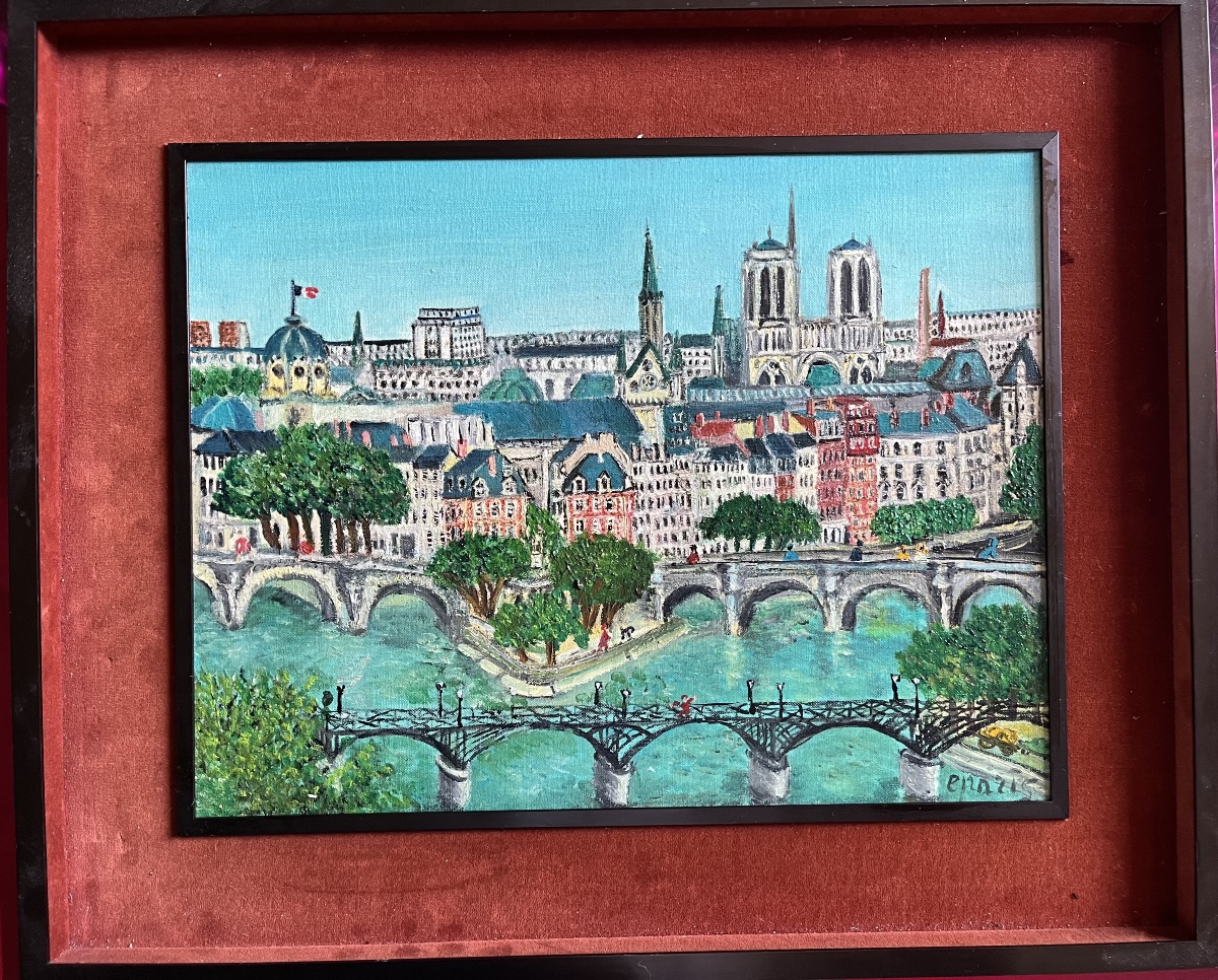 Tableau naif Paris le pont neuf notre dame peinture signée Grand’Mère Paris 