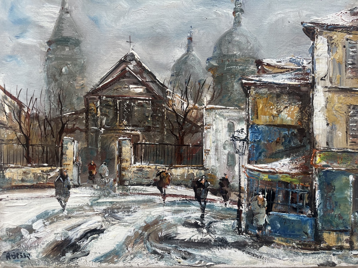 Tableau vue de Paris Montmartre sous la neige peinture signée Raymond Besse  1899-1969-photo-3