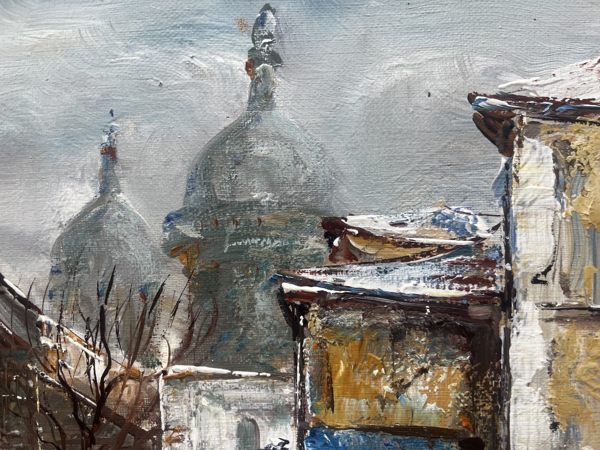 Tableau vue de Paris Montmartre sous la neige peinture signée Raymond Besse  1899-1969-photo-5
