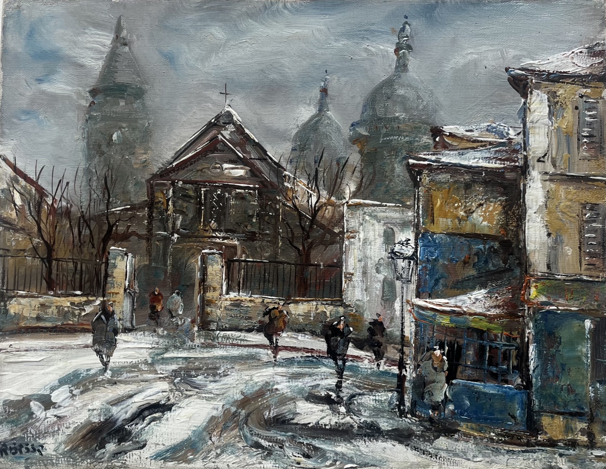Tableau vue de Paris Montmartre sous la neige peinture signée Raymond Besse  1899-1969