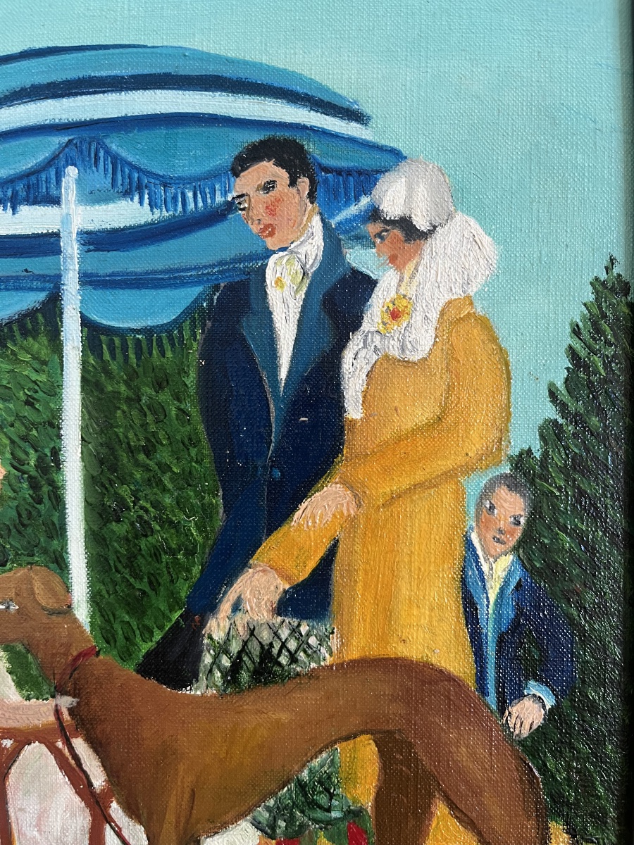 Naïve Art Painting Depicting A Day At The Races; Signed “grand’mere Paris”-photo-1