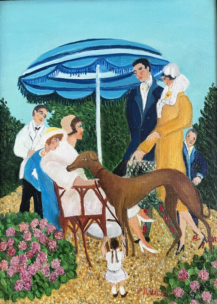 Naïve Art Painting Depicting A Day At The Races; Signed “grand’mere Paris”