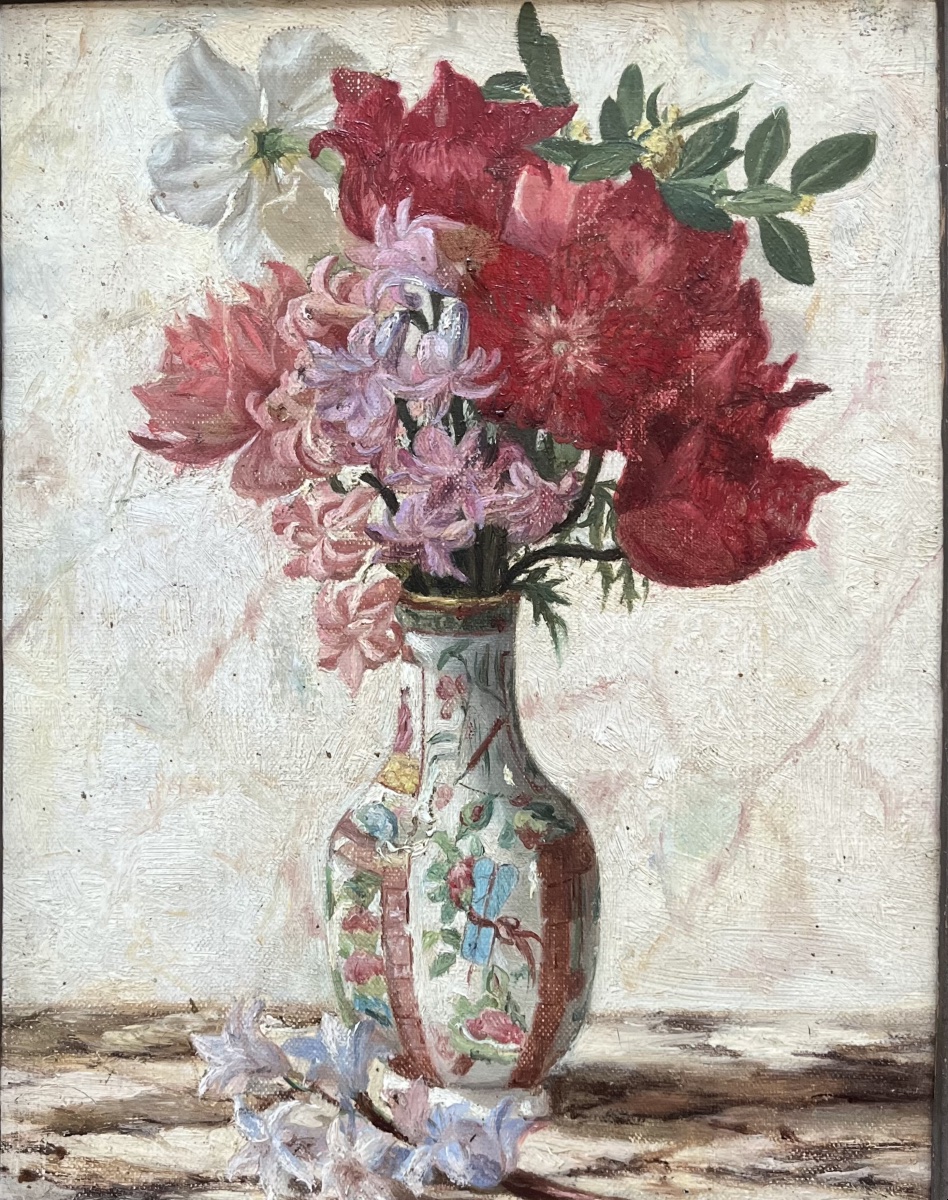 Tableau milieu XIX ème bouquet de fleurs peinture anonyme.-photo-2