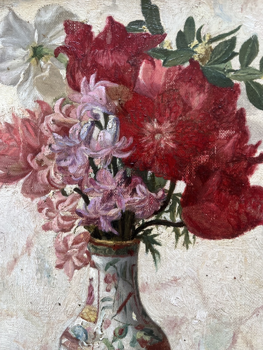 Tableau milieu XIX ème bouquet de fleurs peinture anonyme.-photo-1