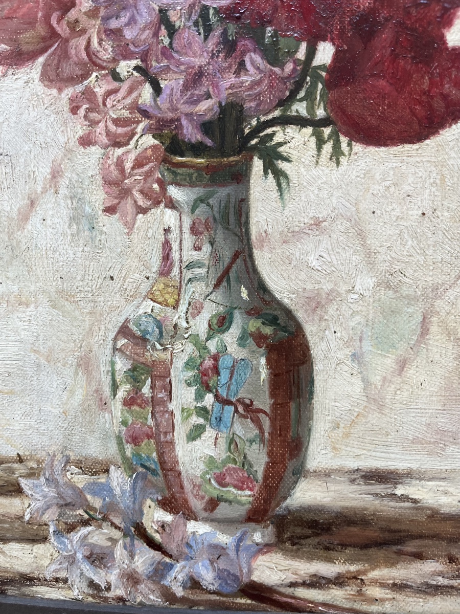 Tableau milieu XIX ème bouquet de fleurs peinture anonyme.-photo-2