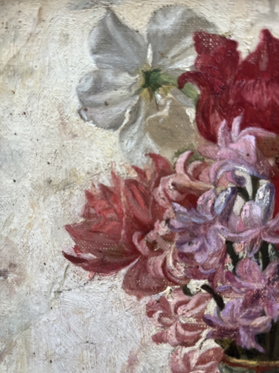 Tableau milieu XIX ème bouquet de fleurs peinture anonyme.-photo-4