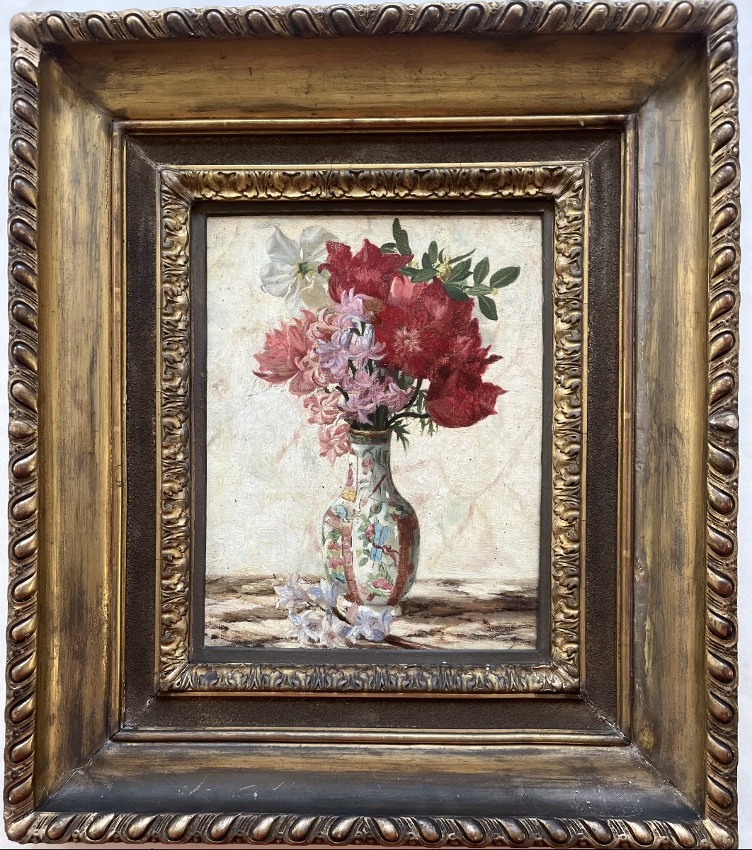 Tableau milieu XIX ème bouquet de fleurs peinture anonyme.