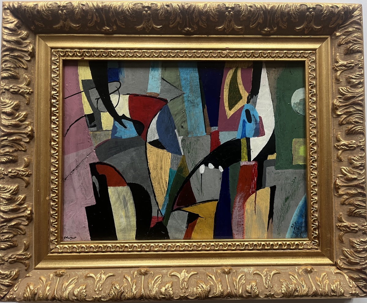 Tableau abstrait composition géométrique peinture signée Meyer